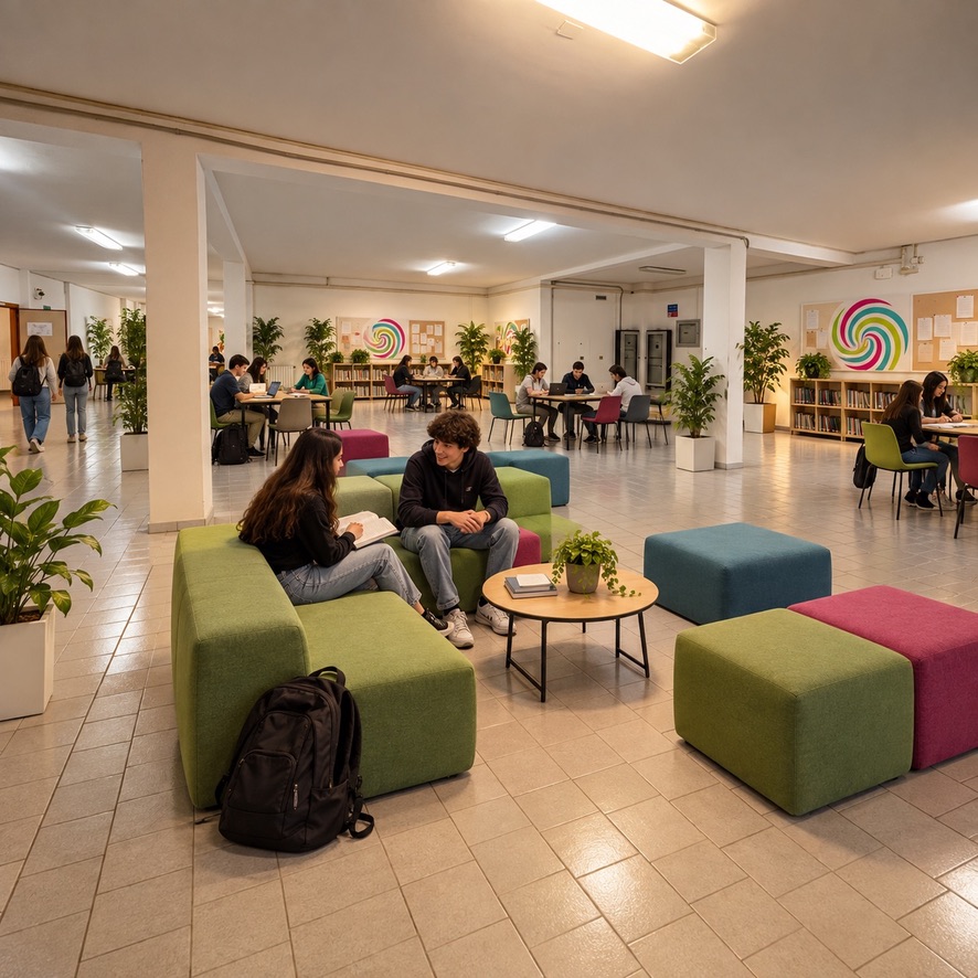Rappresentazione di ragazzi che studiano e conversano in uno spazio condiviso